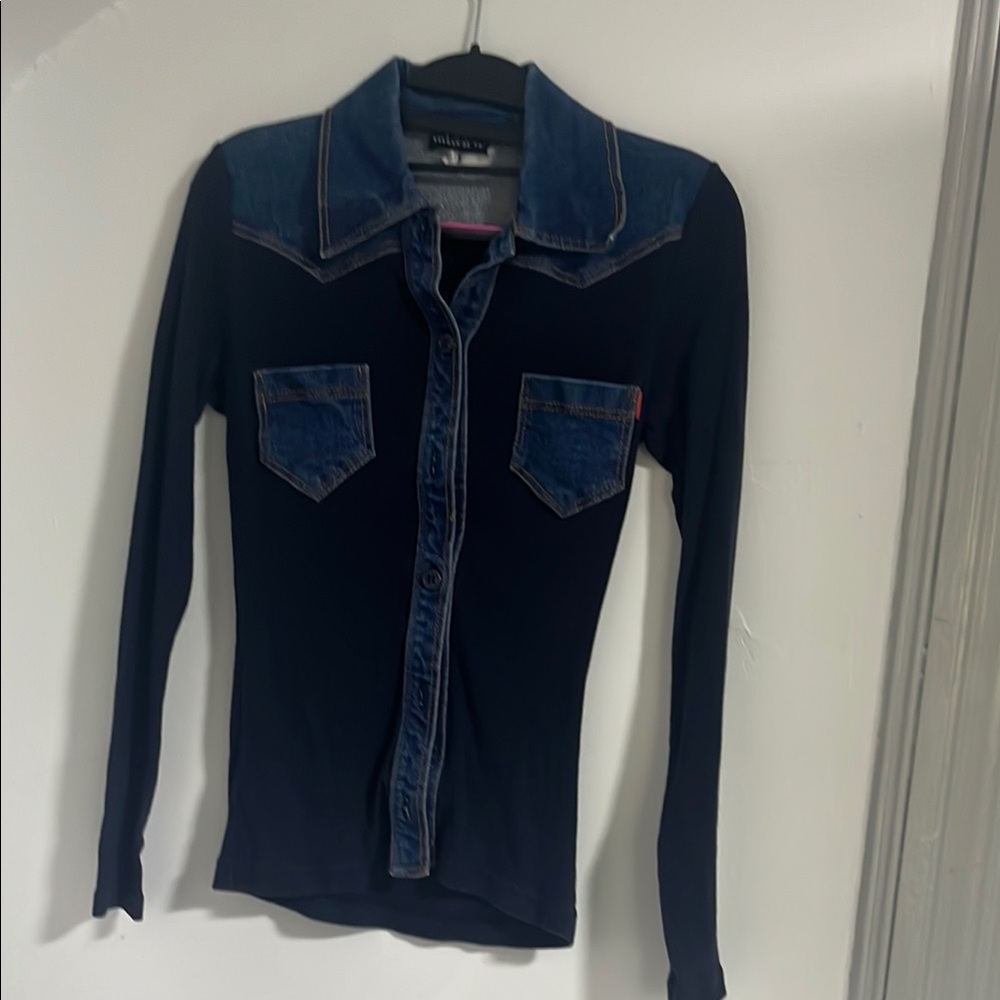 Morgan de Toi Navy Blue Long Sleeve Shirt with Denim Accents